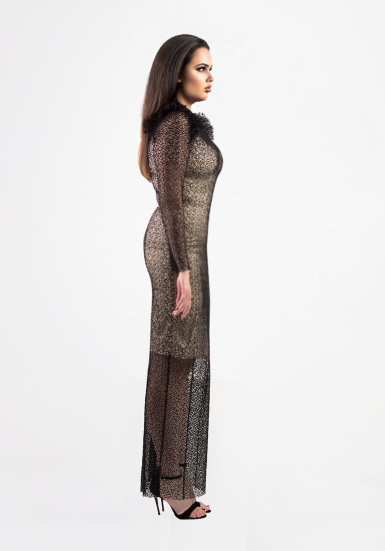 White satin dress with black lace