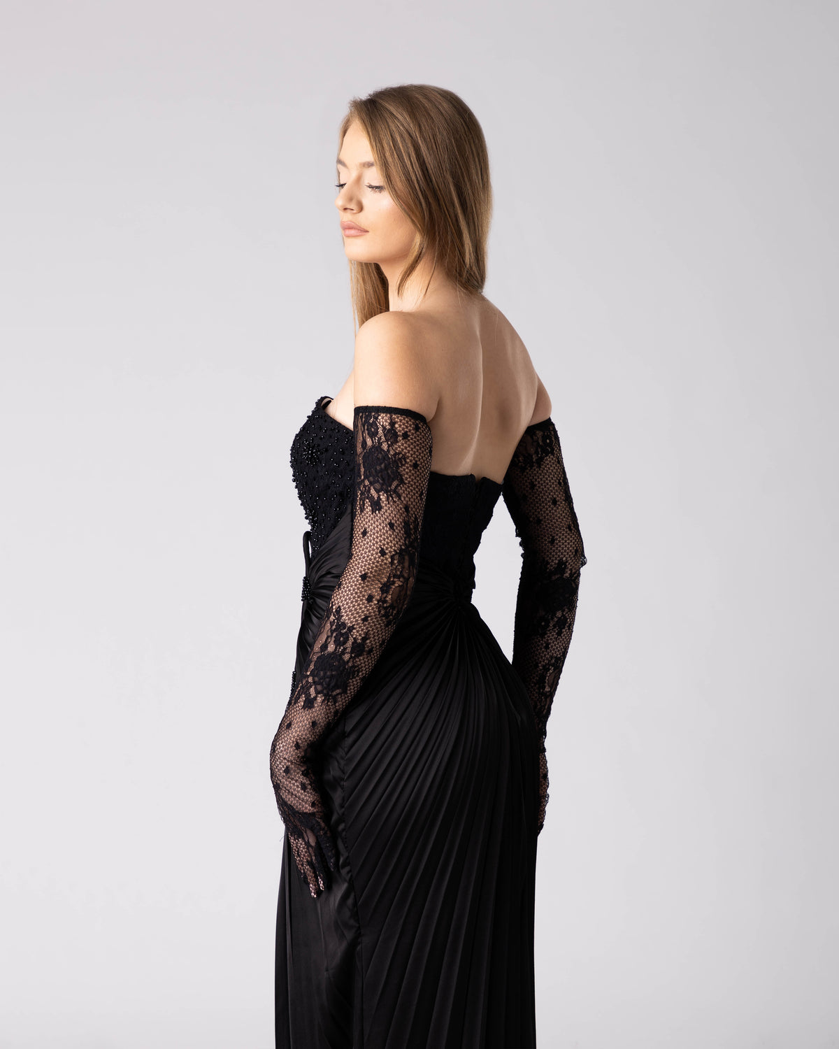 Black Draped Lace Gown