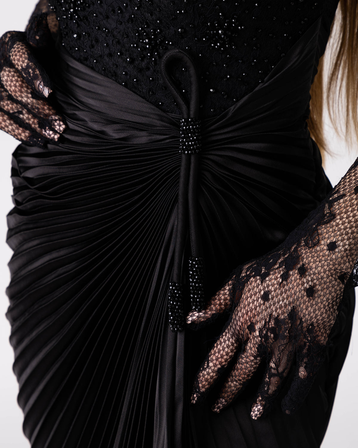 Black Draped Lace Gown