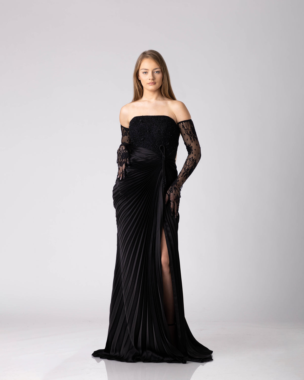 Black Draped Lace Gown
