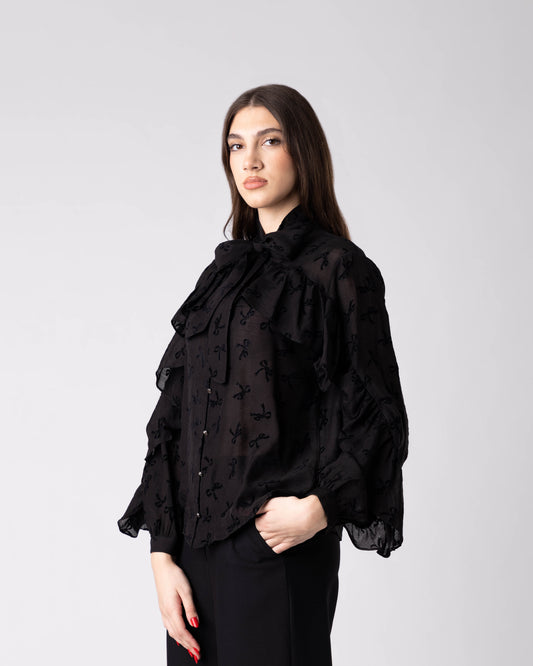 Noctyra Bow-Embroidered Chiffon Shirt