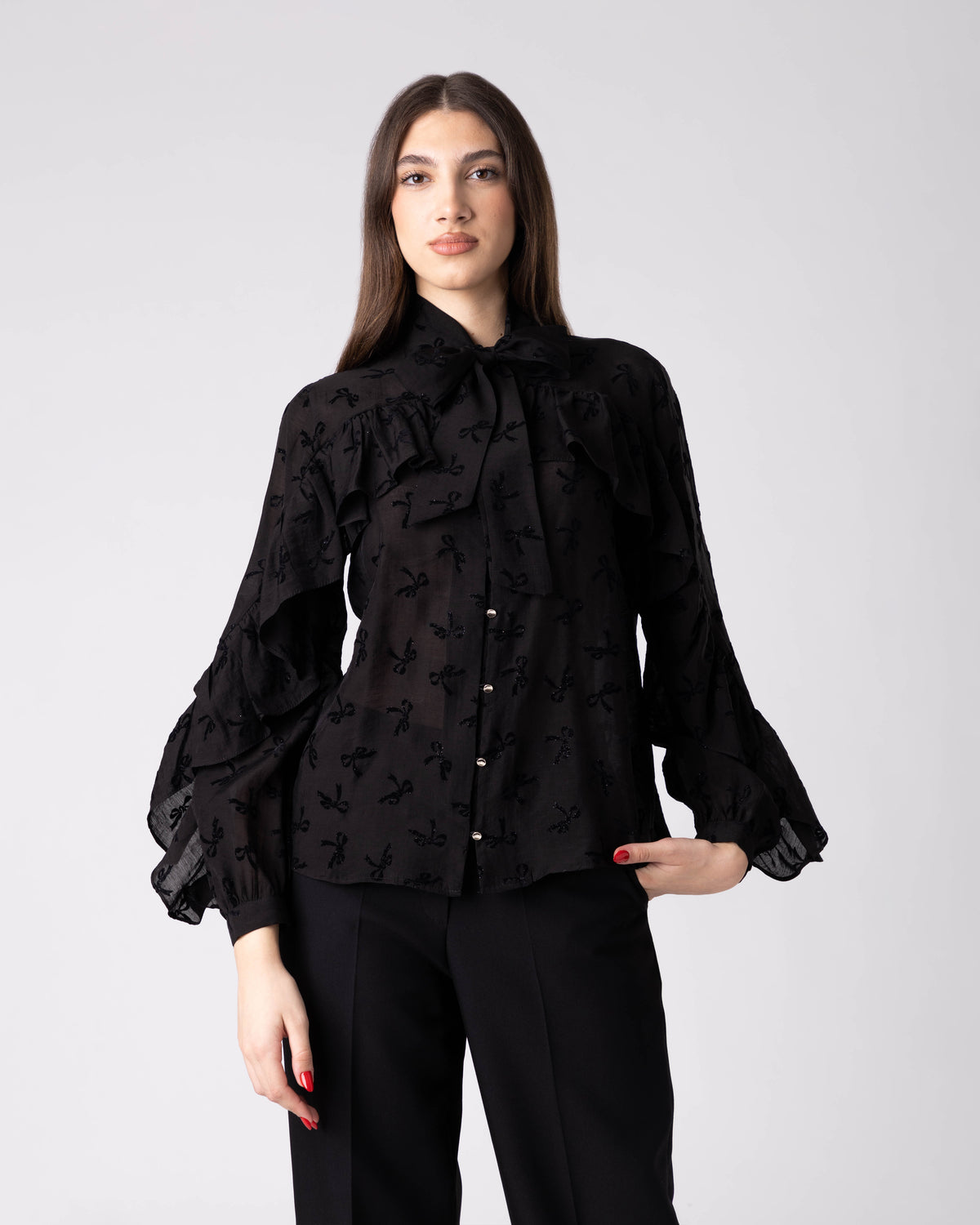 Noctyra Bow-Embroidered Chiffon Shirt