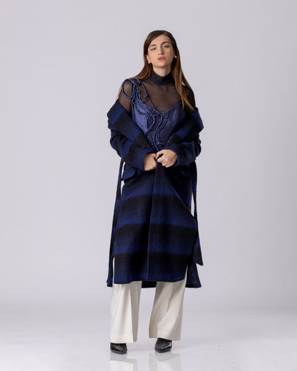 Midnight Blue Stripe Wool Coat