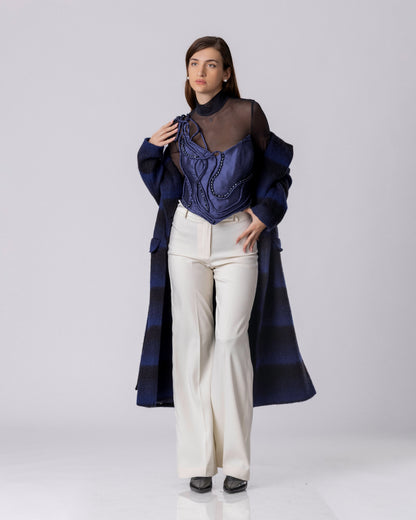 Midnight Blue Stripe Wool Coat