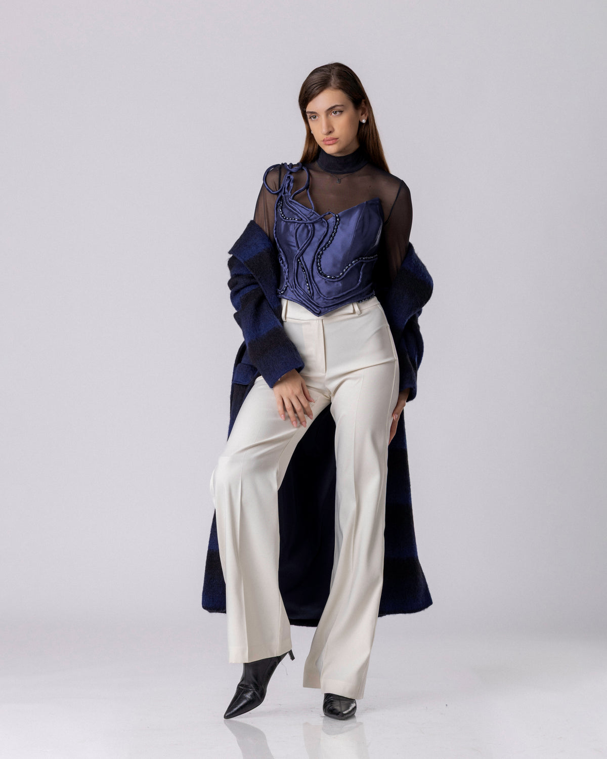 Midnight Blue Stripe Wool Coat