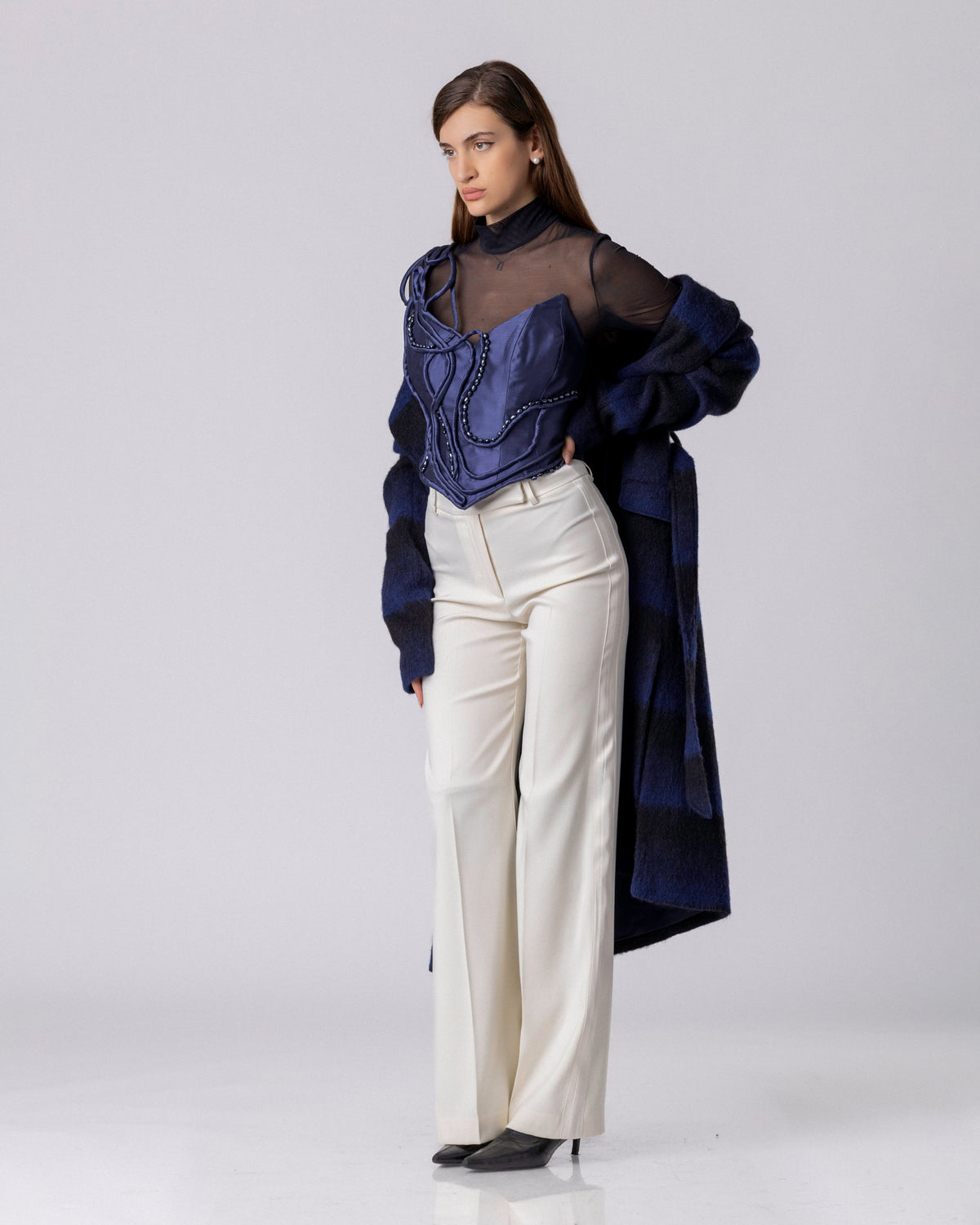 Midnight Blue Stripe Wool Coat
