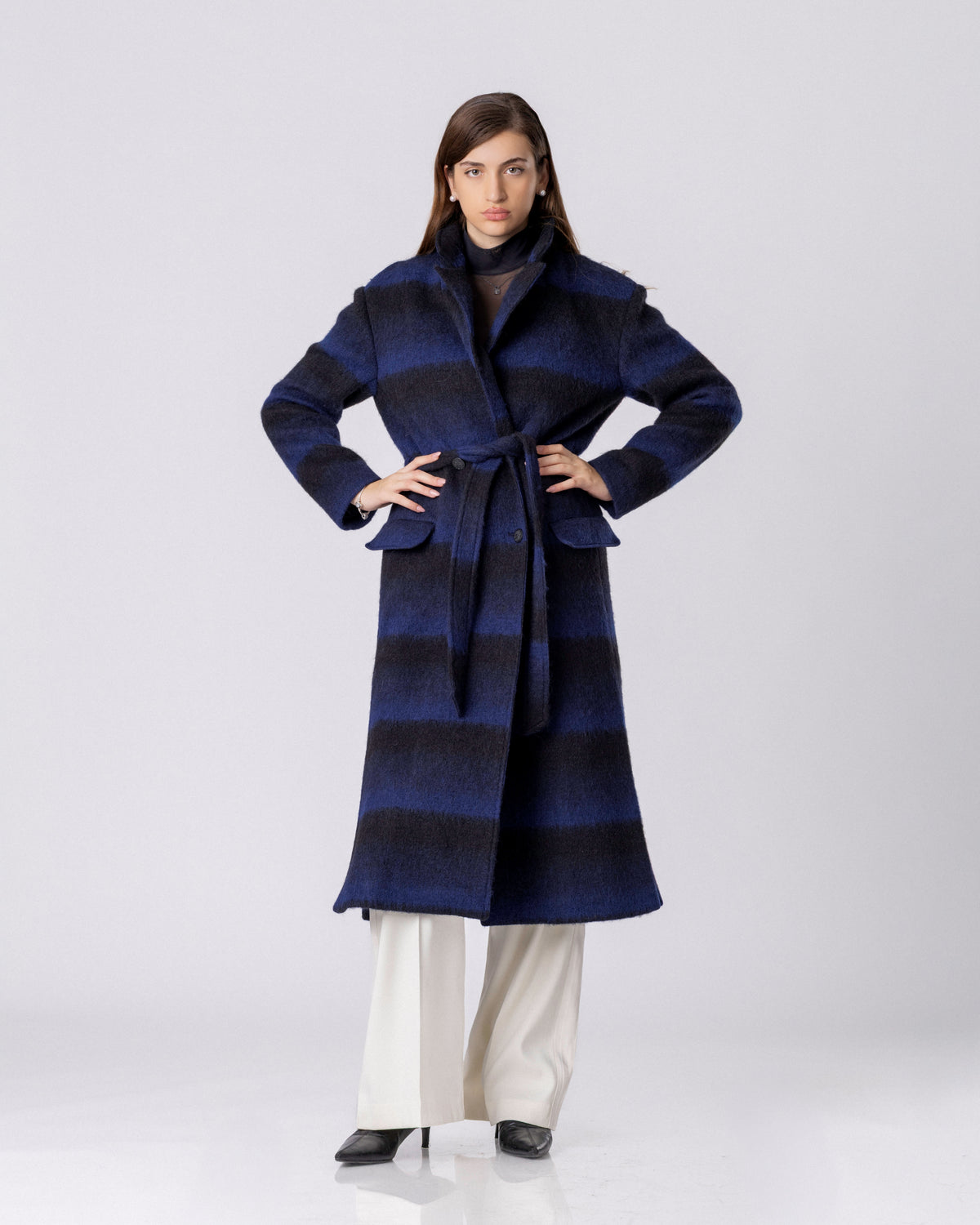 Midnight Blue Stripe Wool Coat