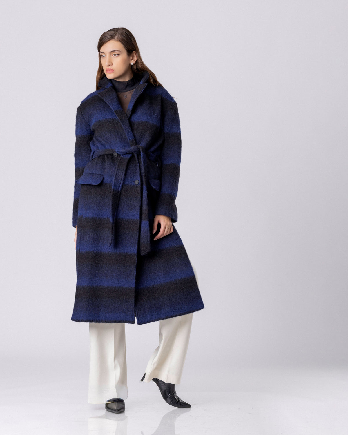 Midnight Blue Stripe Wool Coat