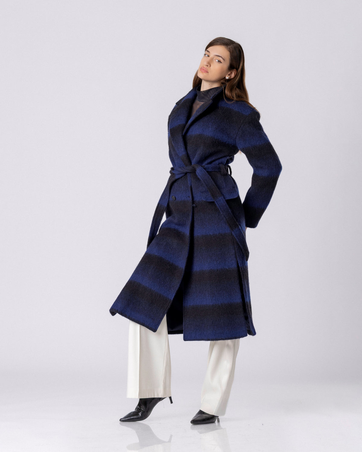 Midnight Blue Stripe Wool Coat