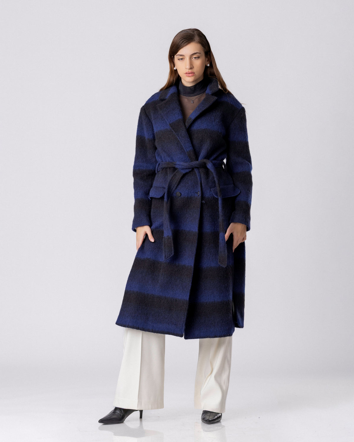 Midnight Blue Stripe Wool Coat