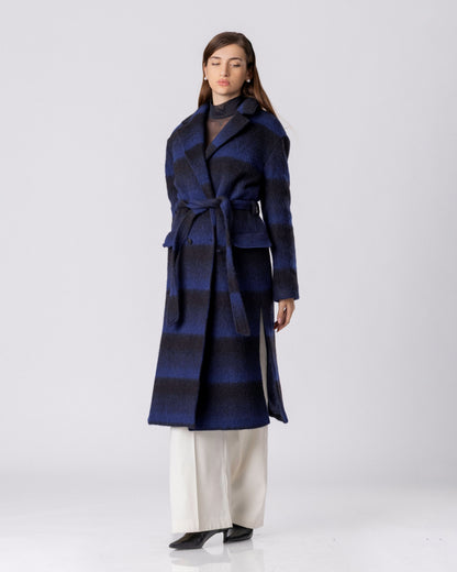 Midnight Blue Stripe Wool Coat