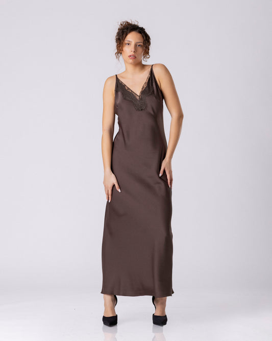 Midnight Satin Lace Slip Dress