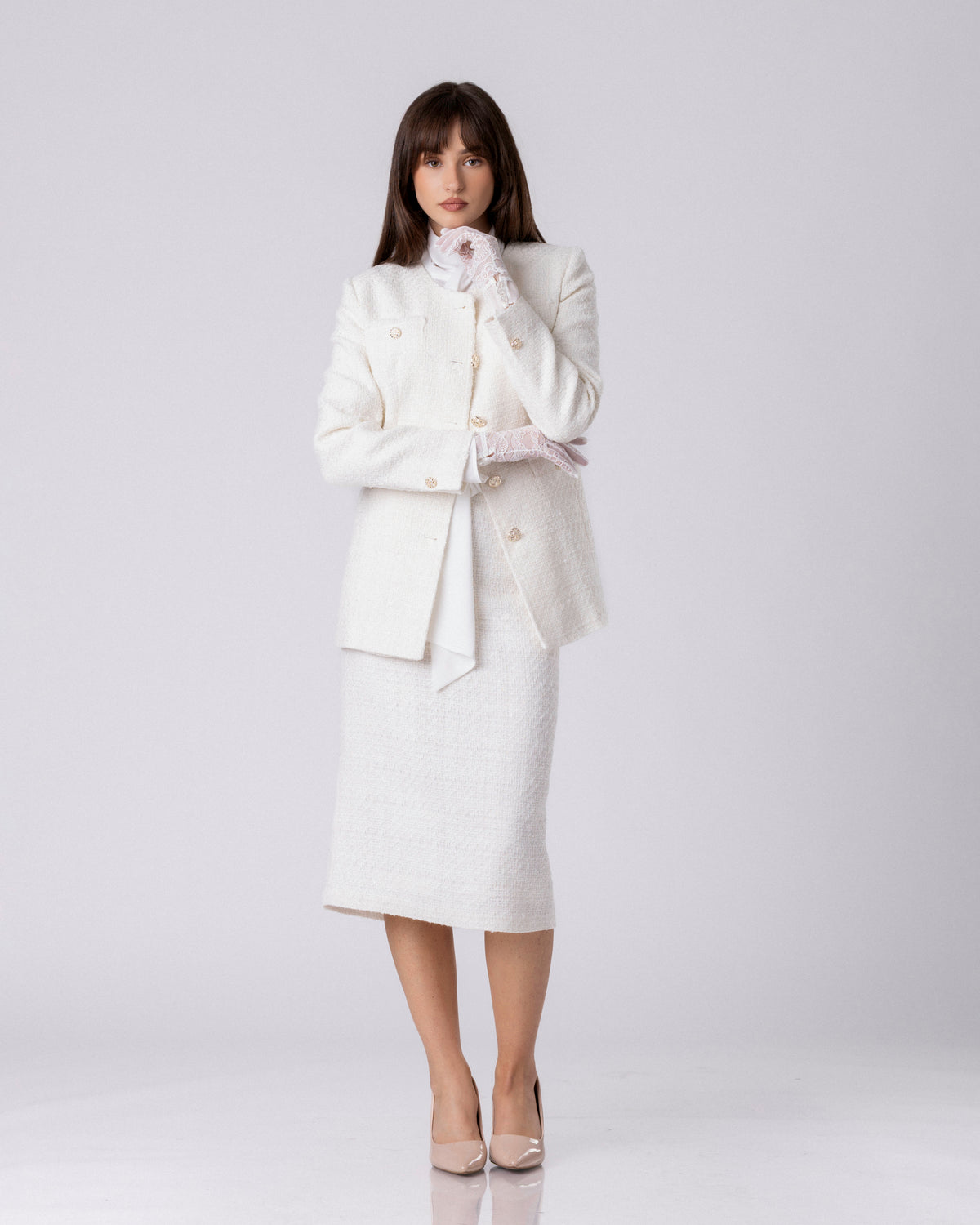 The Crest Ivory Tweed Pencil Skirt