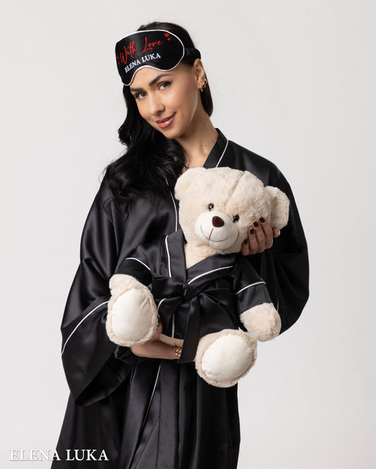 Satin Robe & Teddy Bear Set – With Love (Black)