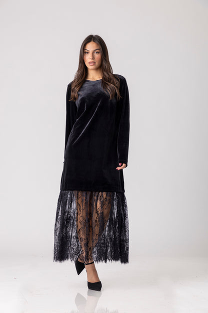 Viren Lace-Hem Velvet Dress