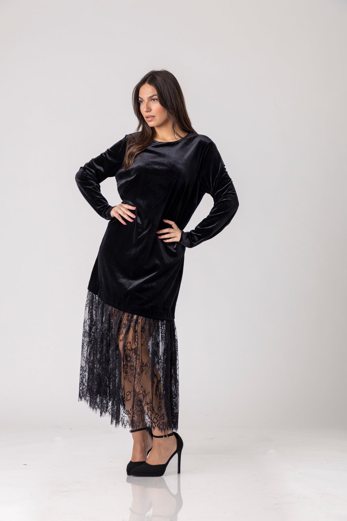 Viren Lace-Hem Velvet Dress