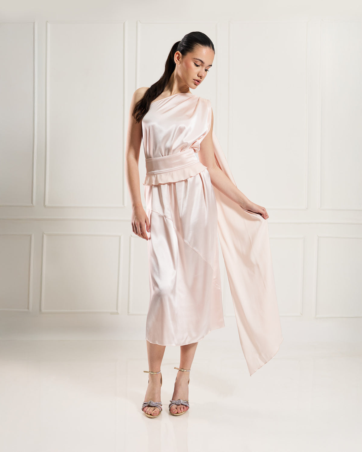 &quot;Allegra&quot; – Asymmetrical Satin Midi Dress