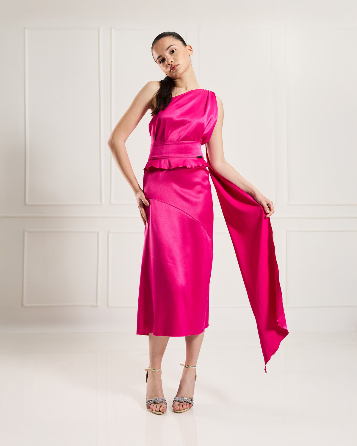 &quot;Allegra&quot; – Asymmetrical Satin Midi Dress