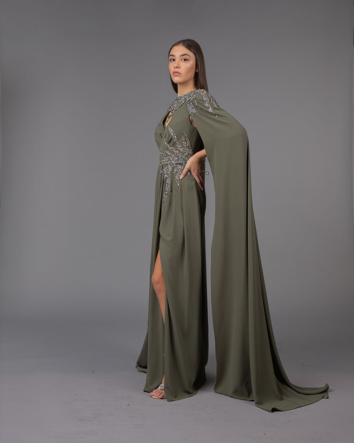 Mystic Olive Cascade Gown