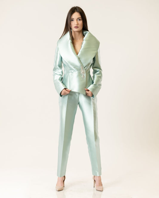 Opulent Collar Blazer & Satin Tailored Pants Set