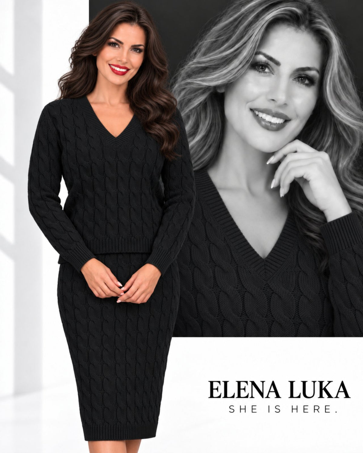 Black Cable-Knit V-Neck Sweater set