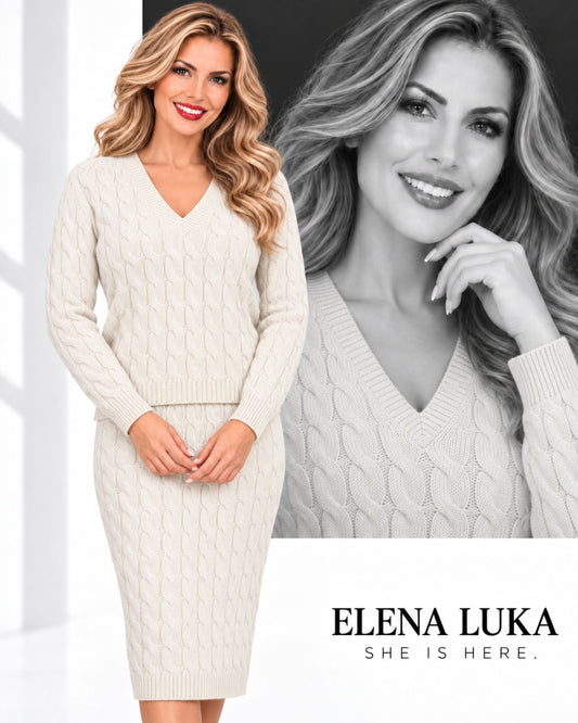 Black Cable-Knit V-Neck Sweater set beige