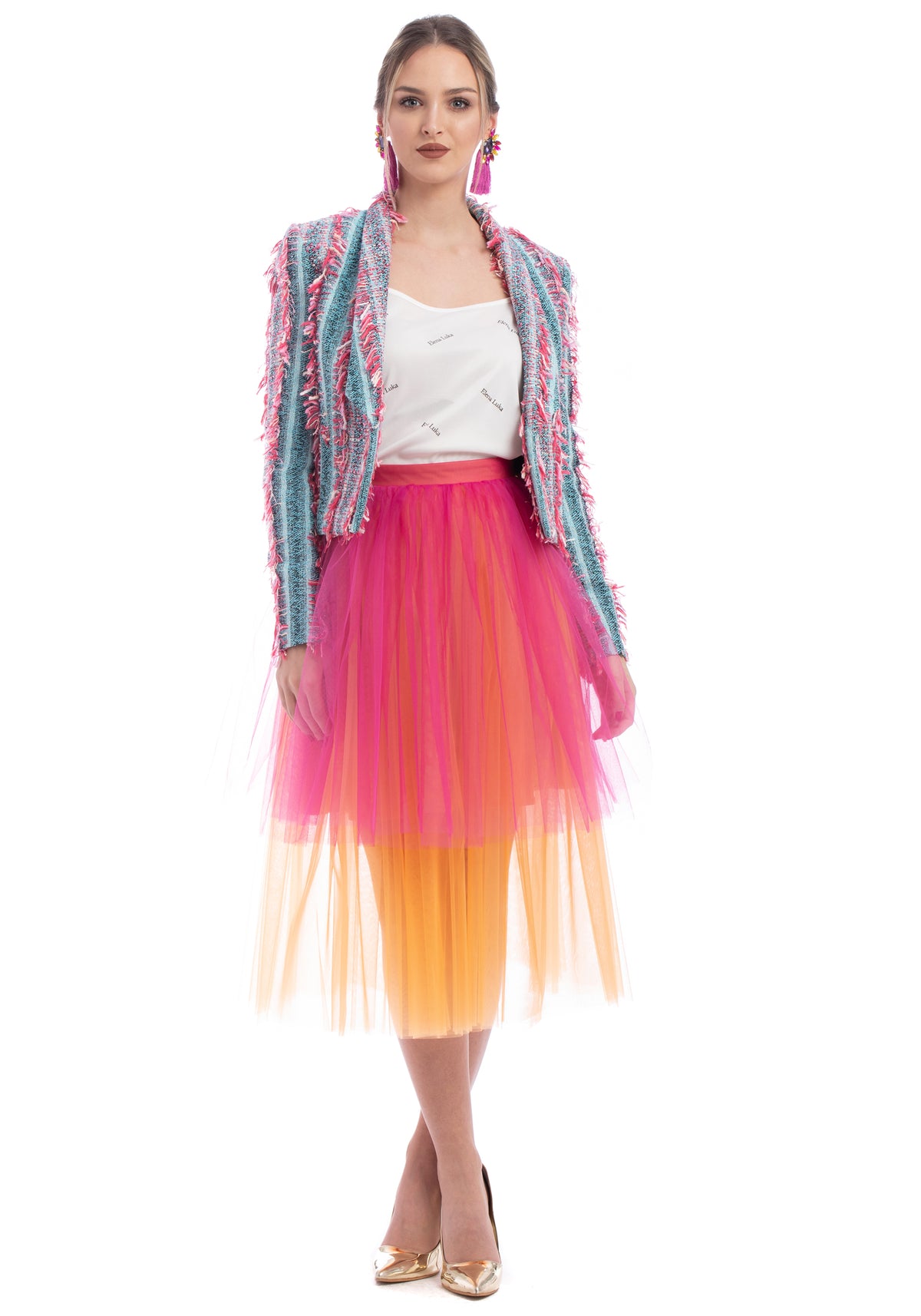 Cropped Bouclé Blazer &amp; Asymmetrical Tulle Skirt