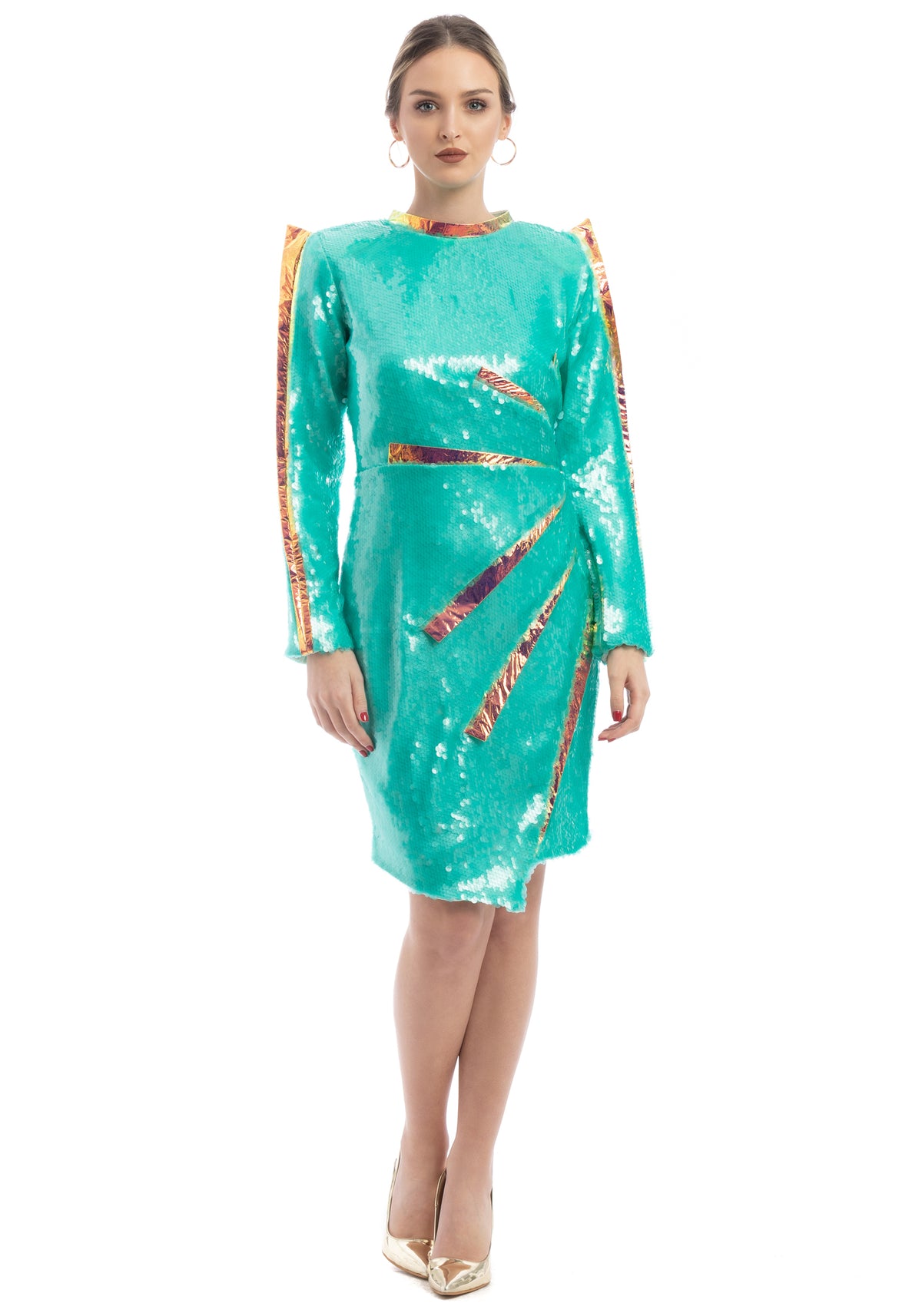 Exclusive Turquoise &amp; Gold Sequin Cocktail Dress