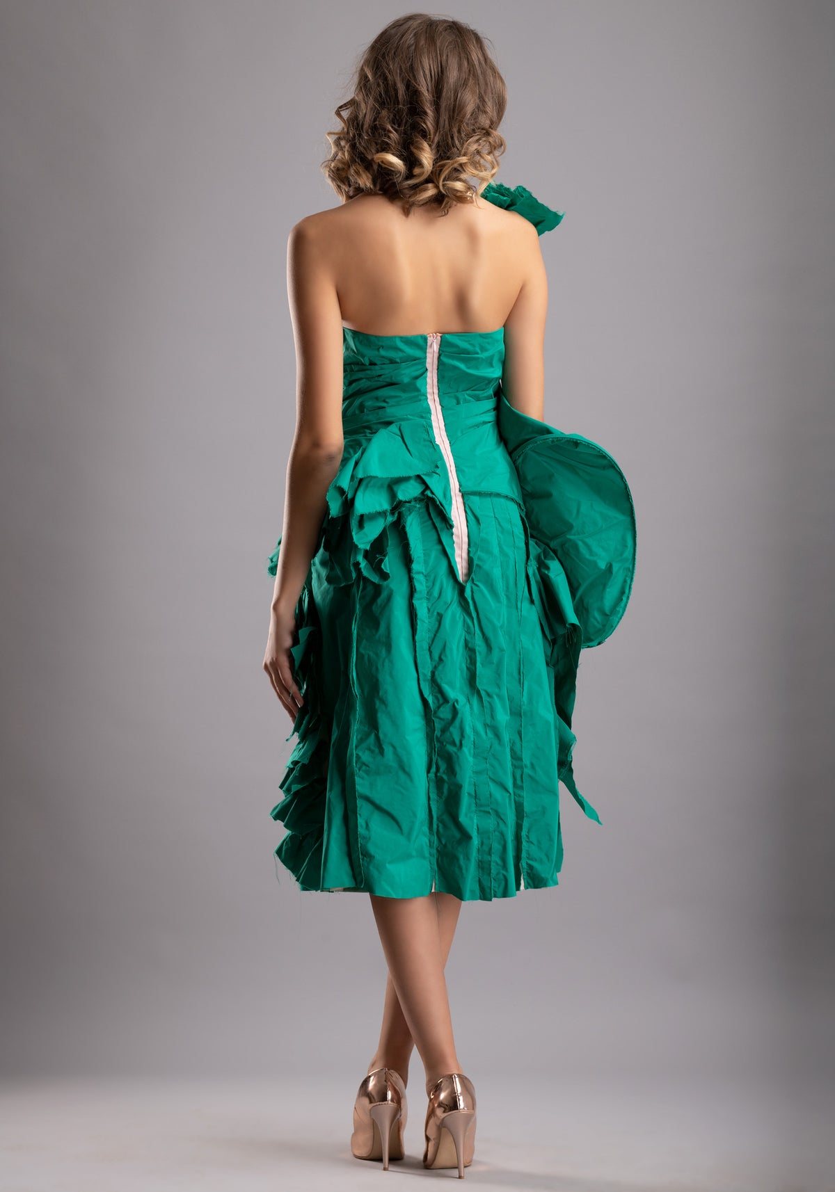 Unique One-Shoulder Emerald Taffeta Dress
