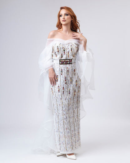 Strikingly decorated white dress