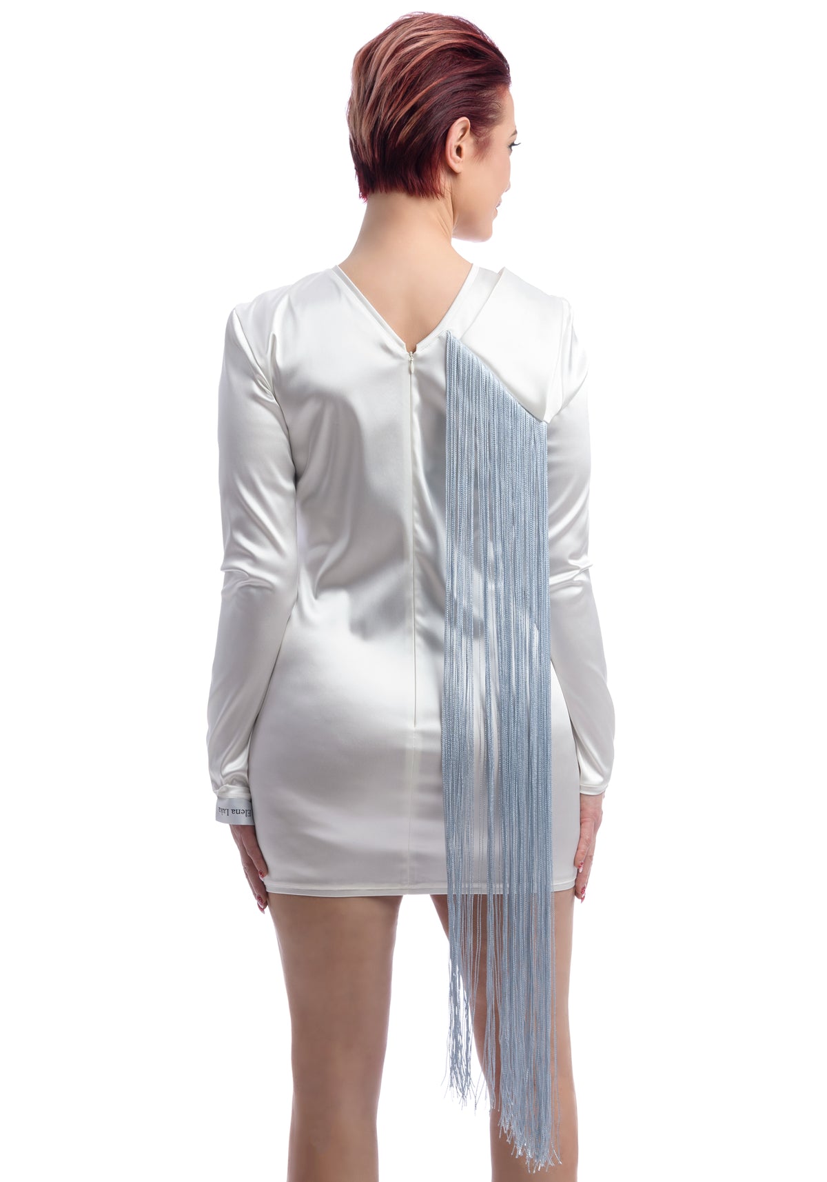 Elizabeth Satin Fringe Long Sleeve Party Dress