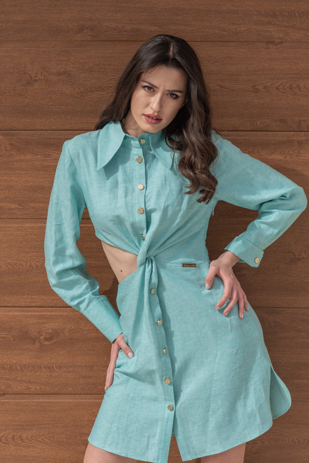 Linen torquise spring shirt dress