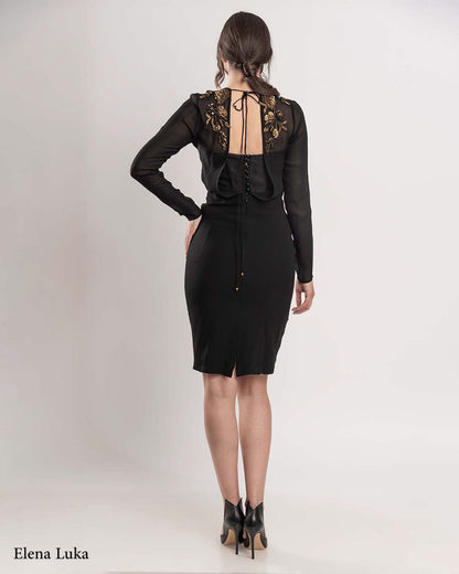 Black cocktail dress with gold lace