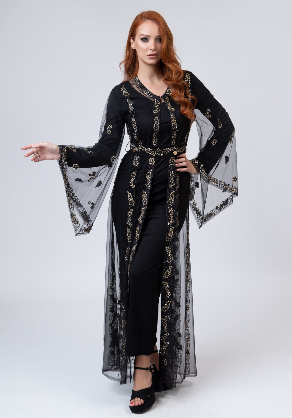 Long black dress with lace cape