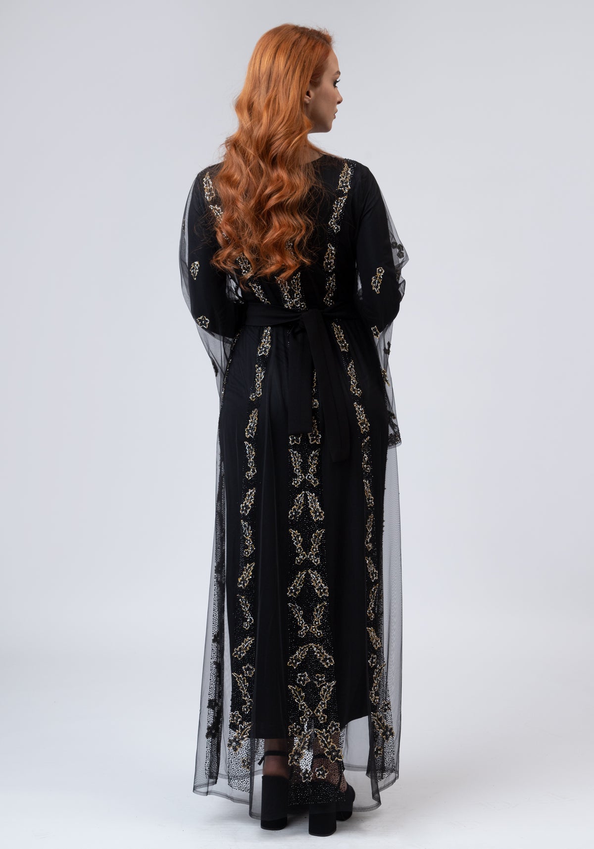 Long black dress with lace cape