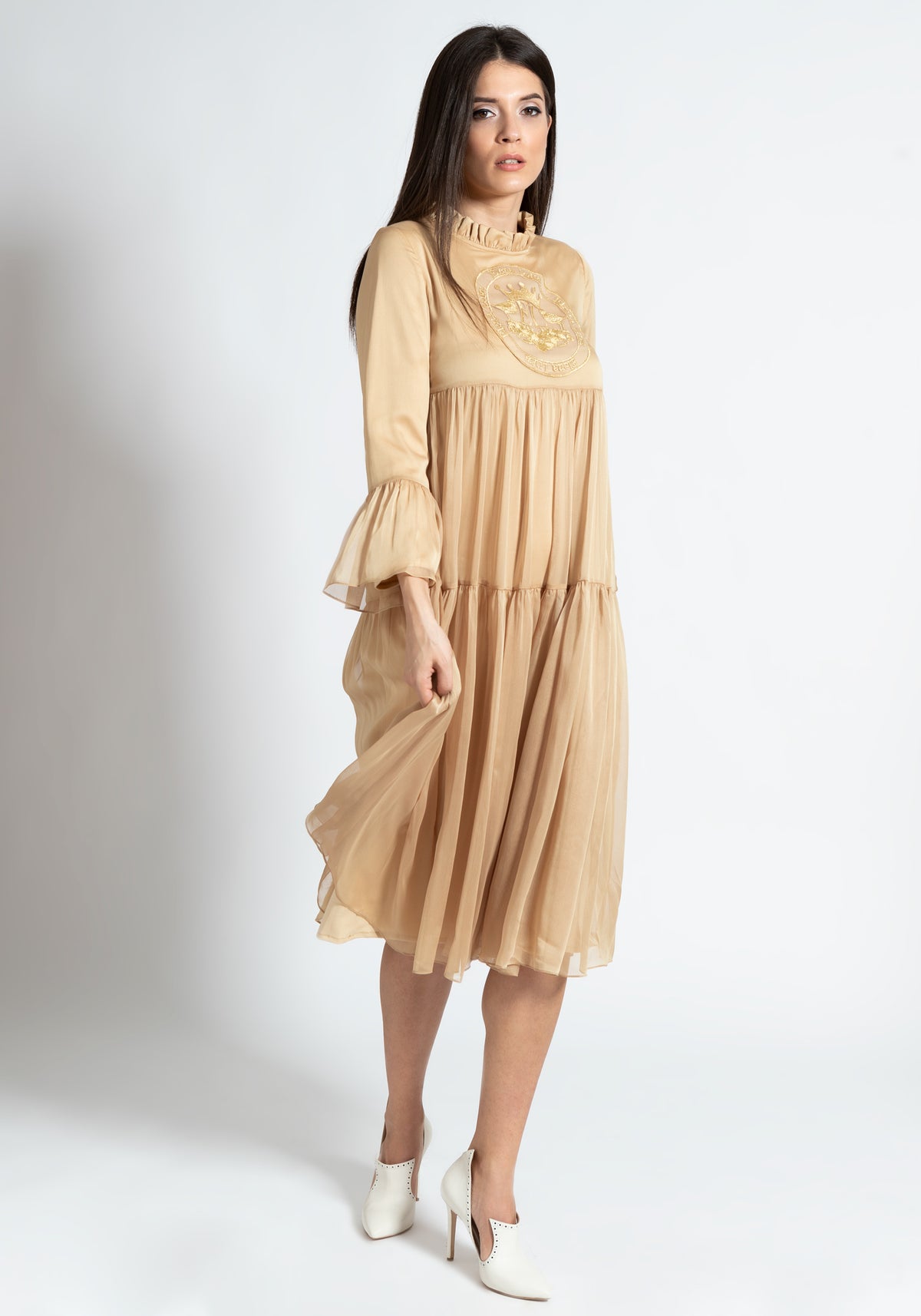 Embroidered Long Beige Dress