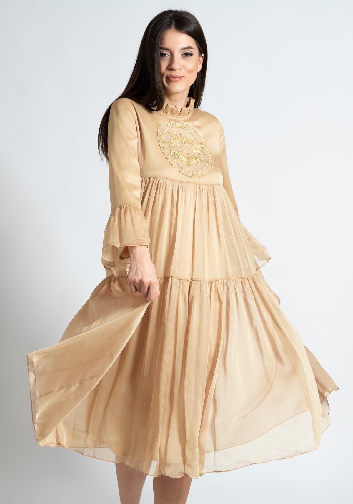 Embroidered Long Beige Dress