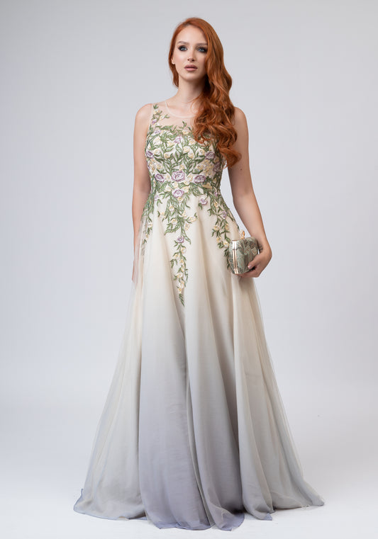 White long dress with floral elements
