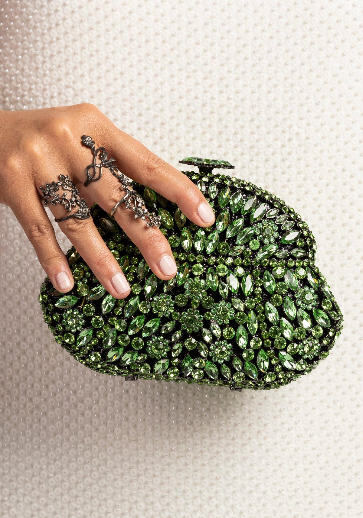 Green gemstone ornate luxury handbag