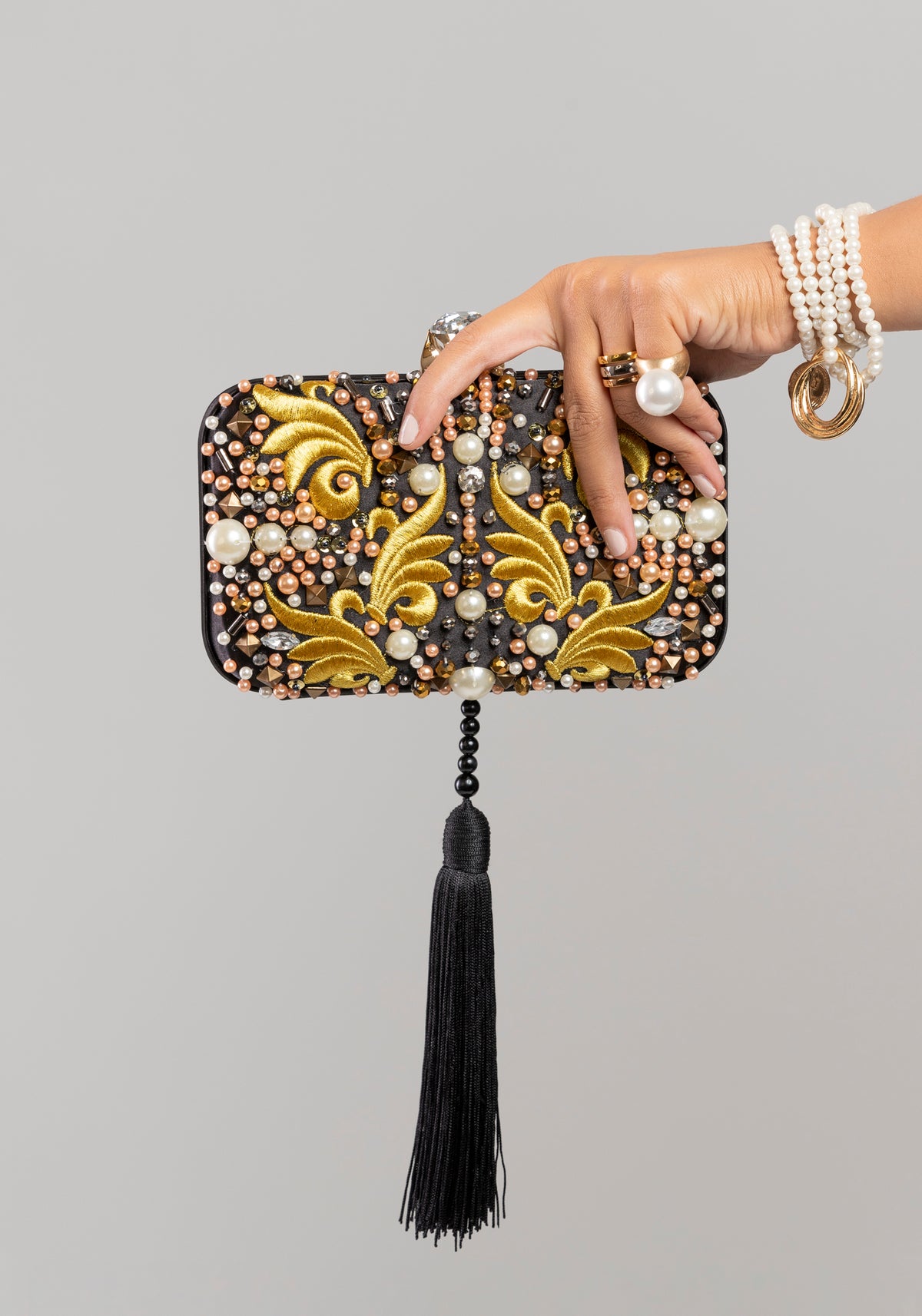 Black pearly ornate handbag