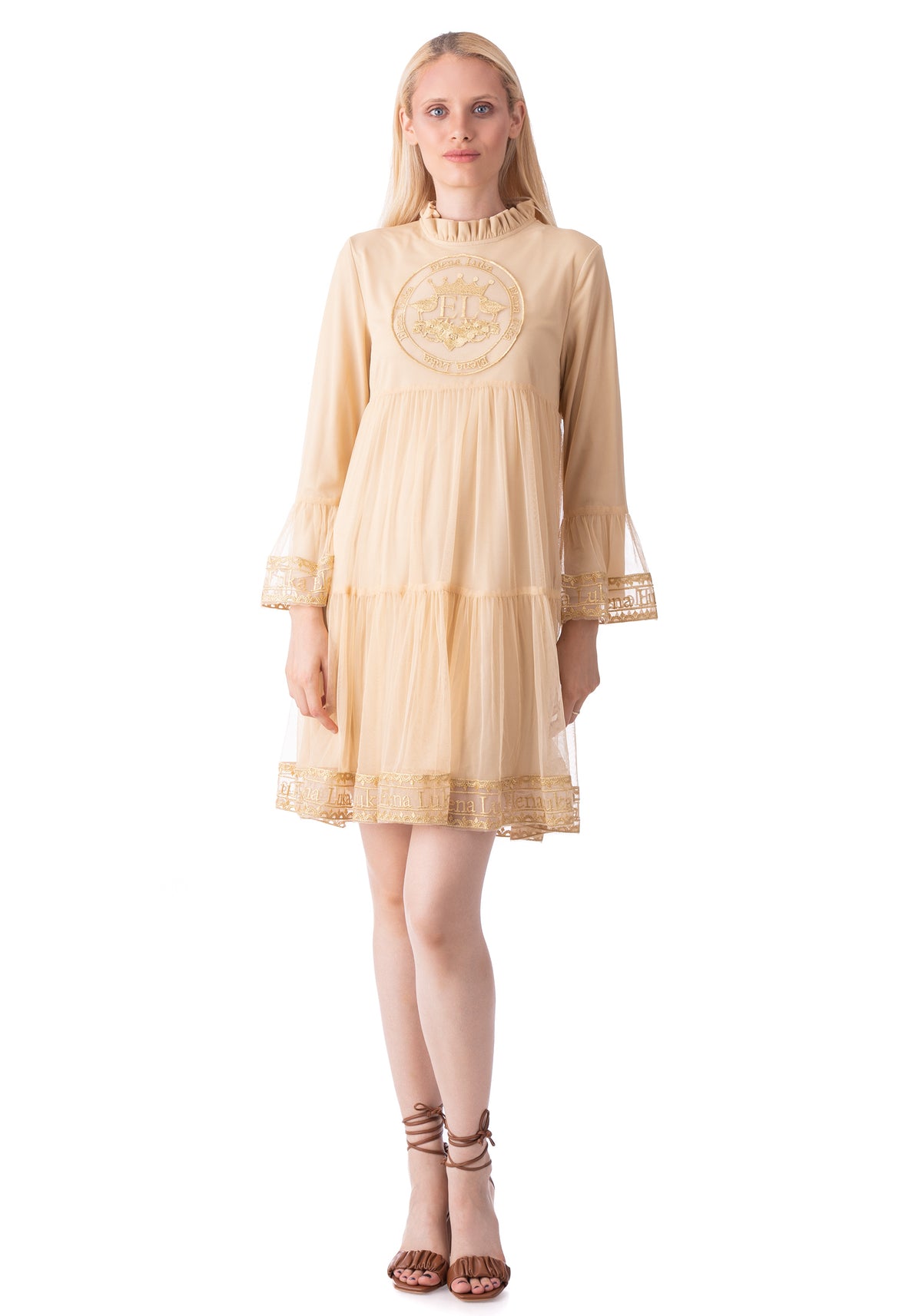Embroidered Short Beige Tulle Dress