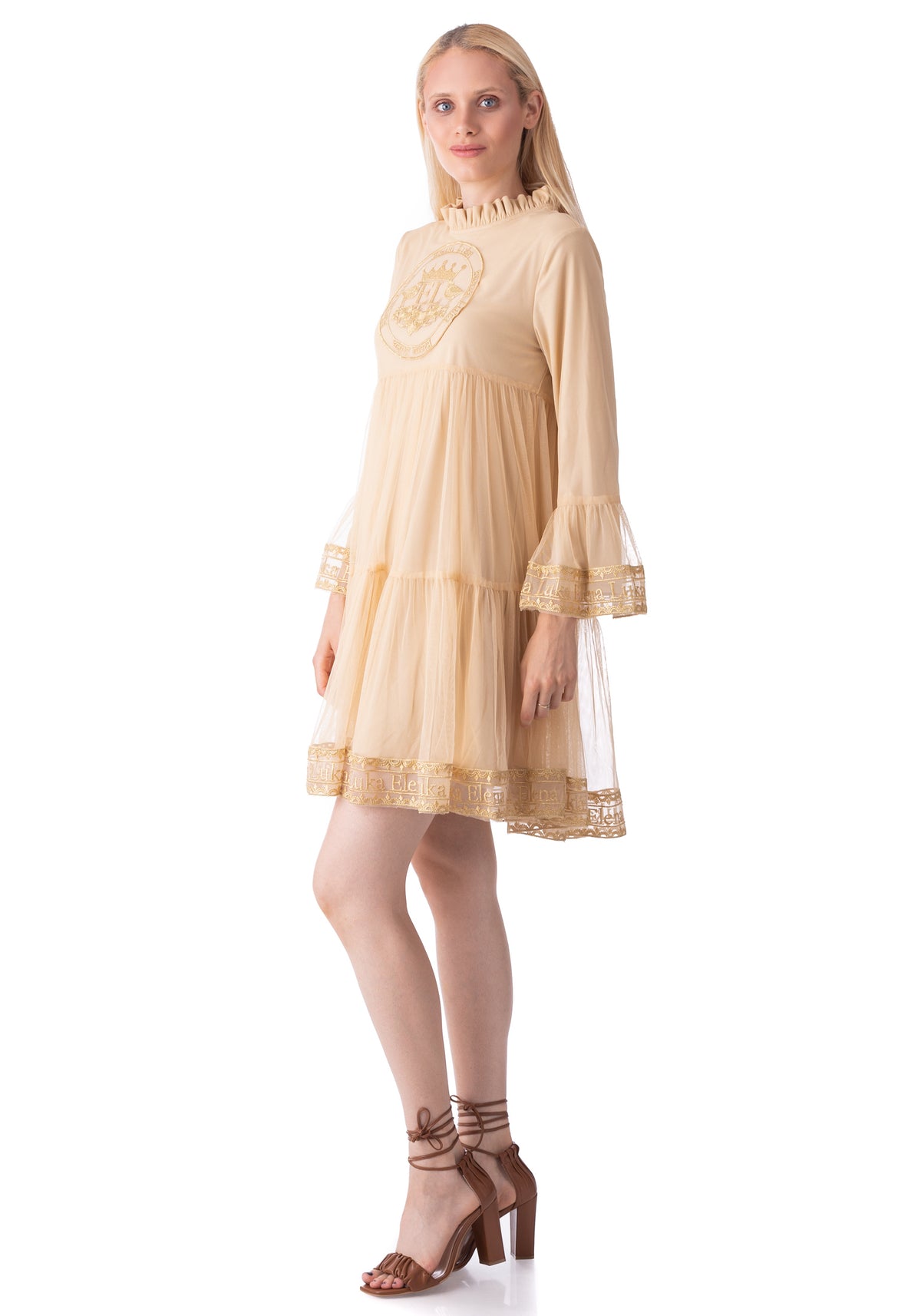 Embroidered Short Beige Tulle Dress